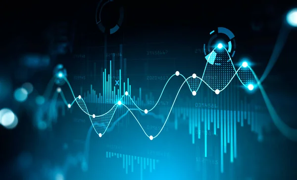 Virtuelle Börsenlinien Und Finanzdiagramme Vor Dunklem Hintergrund Digitaler Bildschirm Konzept — Stockfoto