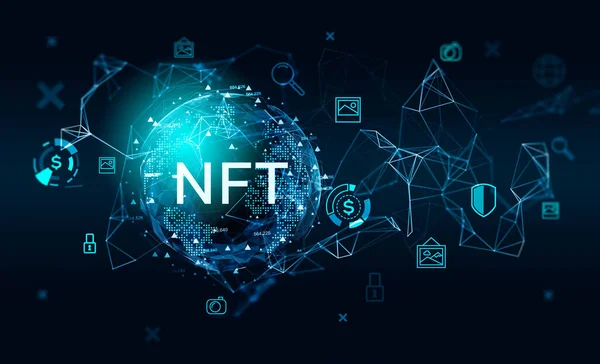 Nicht Fungible Token Hologramm Auf Virtuellem Digitalen Bildschirm Nft Mit — Stockfoto