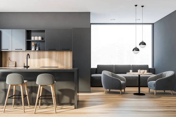 现代厨房内部有灰色的墙壁 木制的地板和巨大的全景窗户 一张吧台和一张小餐桌 旁边有扶手椅 3D渲染 — 图库照片