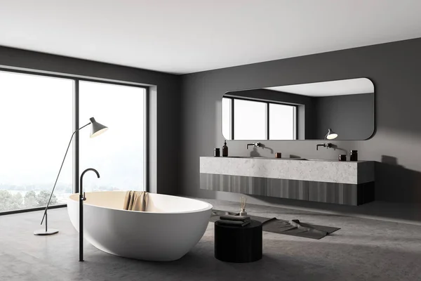 Intérieur Salle Bain Grise Avec Baignoire Blanche Avec Lampe Deux — Photo