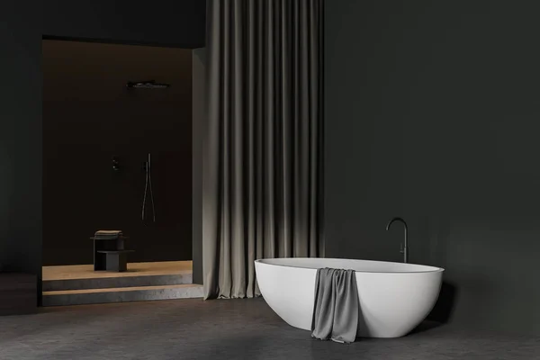 Intérieur Salle Bain Sombre Avec Shover Rideau Baignoire Serviette Grise — Photo