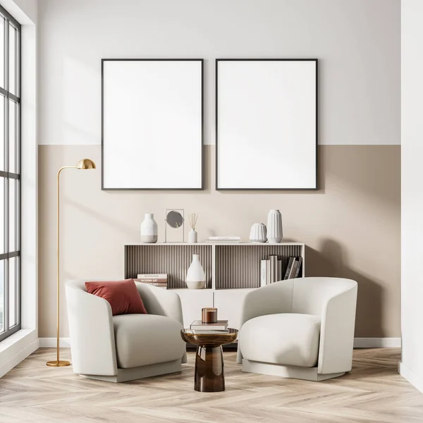 Salon Intérieur Avec Deux Fauteuils Blancs Avec Lampe Table Basse — Photo