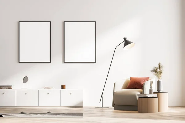 Modernes Wohnzimmer Mit Sessel Und Kommode Lampe Zwei Attrappen Zeigen — Stockfoto