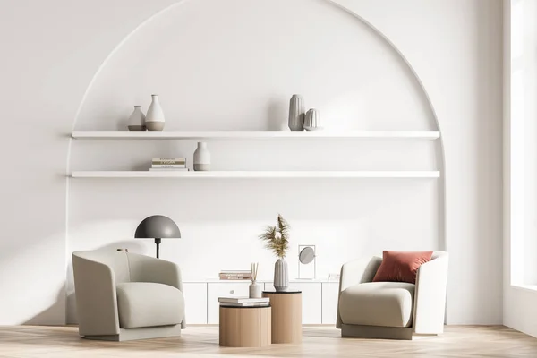 Modernes Wohnzimmerinterieur Mit Zwei Sesseln Und Bücherregalnische Kommode Lampe Lektüre — Stockfoto