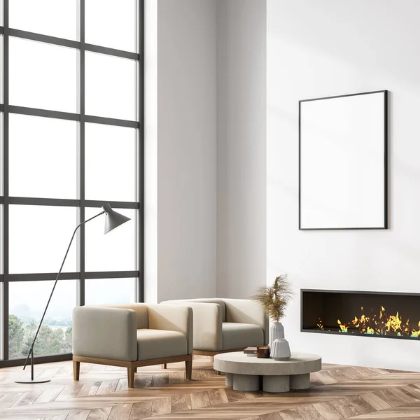 Living Room Interior Fireplace Panoramic Window White Empty Poster Wall — Stock Photo, Image