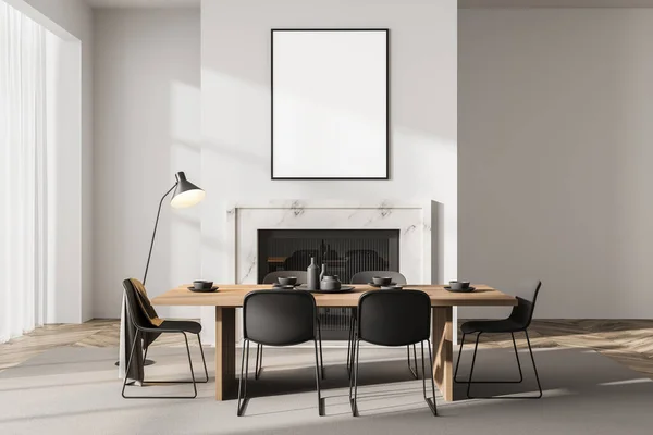 カーペット 寄木細工の床に料理と黒の椅子と木製のテーブルと白い食事部屋のインテリア 大理石の暖炉とモックアップバナーフレームコピースペース 3Dレンダリング — ストック写真