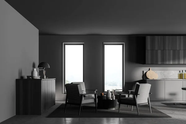 Stylish Interior Dark Grey Modern Kitchen Room Armchairs Livingroom Zone — Stock Photo, Image