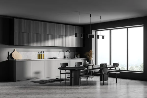 Elegante Interior Moderna Sala Cocina Gris Oscuro Con Mesa Comedor — Foto de Stock