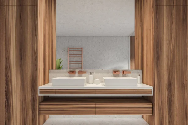 新しい高級住宅のモダンなバスルームのインテリア スタイリッシュなホテルの部屋 オープンスペースエリア 木製の壁コンクリート床 ダブルシンクだ 3Dレンダリング — ストック写真