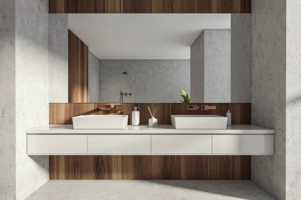 新しい高級住宅のモダンなバスルームのインテリア スタイリッシュなホテルの部屋 オープンスペースエリア コンクリートの木製の壁と床 ダブルシンクだ 3Dレンダリング — ストック写真