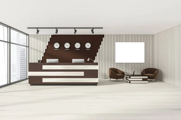 Empty office, wooden reception interior at white wall, 4 clocks on it. Panoramic window. Hotel check in desk. Blank poster frame on wall. 3d rendering