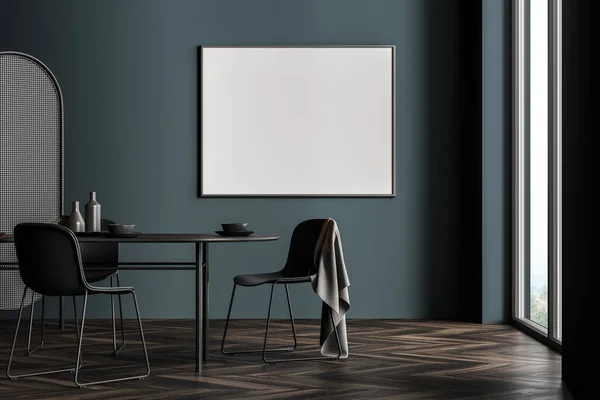 Eating room interior with black chairs with blanket, table with dishes on parquet floor near window. Mockup banner frame copy space, 3D rendering