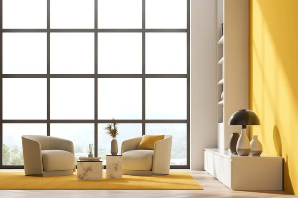 Prázdný Interiér Obývacího Pokoje Knihovnou Dvěma Křesly Panoramatické Okno Koncept — Stock fotografie
