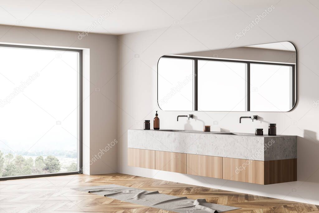 Bathroom with two sinks, white and wooden design with parquet floor, side view. Modern stylish bathing room interior with mirror and window on countryside. Foot towel on the floor, 3D rendering