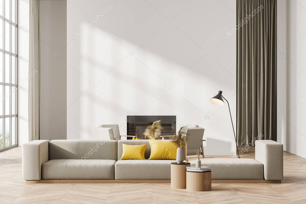 Contemporary white living room interior with fireplace, sofa and armchairs. Wall copy space. Panoramic window. 3d rendering.