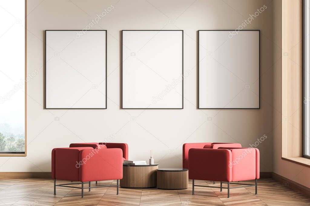 Modern Living Room Interior with frame, red armchairs and wooden table. Mock up poster art. 3d rendering