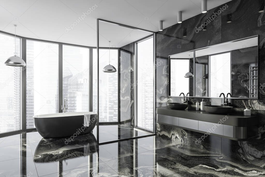Modern Bathroom interior in new luxury home. Stylish hotel room. Open space area. Marble walls and floor. Bathtub and double sink. 3d rendering.
