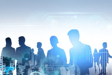 Soyut ofis alanlarında çalışan iş adamları iş yapıyor. İş sürecinde dijital güvenlik ve veri güvenliği kavramı. Haritalar ve bilgi simgeleri havada uçuşuyor.