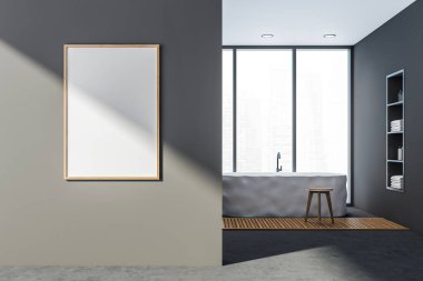 Gri banyo içi, pencerenin yanında beyaz küvet, gri zeminde ahşap halı. Gökdelenlerin ön görüntüsü, modern banyo, kopyalanmış uzay çerçevesi, 3 boyutlu hiçbir insan oluşturma