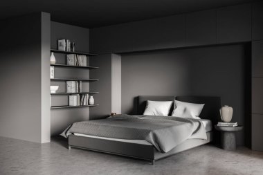 Yataklı karanlık bir yatak odası, gri zeminde çarşaflar, kitaplarla dolu bir kitaplık. Gri modern minimalist yatak odası ve beton kahve masası, 3 boyutlu, kimseyi göstermiyor.