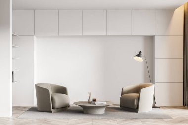 Modern oturma odası, iki koltuk ve kitaplı kahve masası, minimalist beyaz okuma odasında lamba, halı ve ahşap zemin. Boşluk duvarını kopyala, 3B görüntüleme