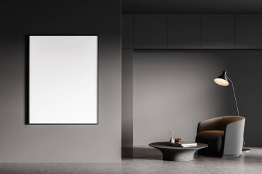 Bej koltuklu bir oda, kitaplı bir kahve masası, minimalist okuma odasında beton zemini olan bir lamba. Boşluk çerçevesini kopyala, 3B oluşturma