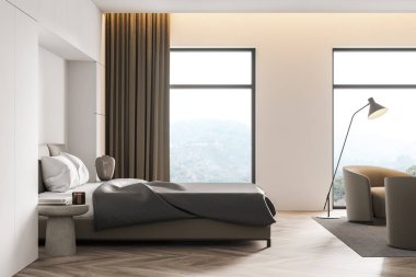 Beyaz yatak odası, uyku yatağı, lambalı koltuklar, parke döşeme ve kitaplı kahve masası. Perdeli panoramik pencereler, kırsal alanda yan görünüm, 3B görüntüleme