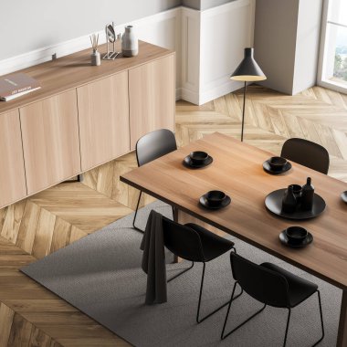 İçi siyah sandalyeli, ahşap masalı, manzaralı, kırsal manzaralı pencereli, gri halılı ve parke zeminli yemek odası. Dekorasyonlu ahşap klozet, 3B görüntüleme