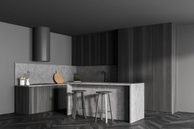 Gri mutfak odası, masa ve iki bar sandalyesi, yan görüş, gri ahşap zemin. Gri ve mermer tasarımlı aşçılık seti raf, kaput ve mutfak gereçleri, 3D görüntüleme