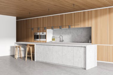 Ahşap tavanlı, mobilyalı, masa ve sandalyeli modern mutfağın içi. Yemek ve yemek odası. Ev mimarisi konsepti. 3d oluşturma