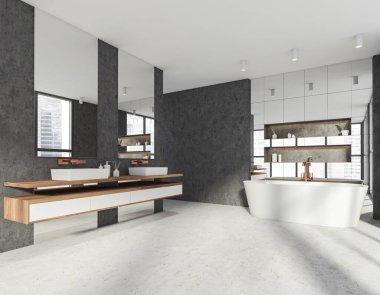 Modern şık otel banyosu, seramik banyo küveti ve aynalı iki lavabo. Beton zemin. Tahta beton elementler. Panoramik pencere. Şehir manzaralı. 3d oluşturma