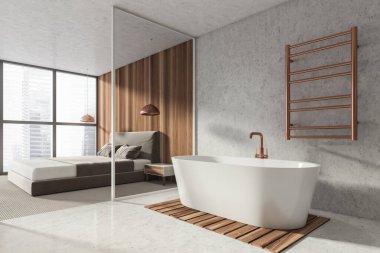 Modern banyo yatak odası. Yeni lüks bir ev. Şık bir otel odası. Açık alan. Ahşap duvarlar beton zemin. Beyaz küvet. 3d oluşturma.