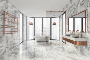 Modern banyo, yeni lüks bir ev. Şık bir otel odası. Açık alan. Mermer duvarlar ve zemin. Küvet ve çift lavabo. 3d oluşturma.