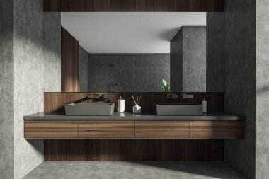 Modern banyo, yeni lüks bir ev. Şık bir otel odası. Açık alan. Beton ahşap duvarlar ve zemin. Çift lavabo 3d oluşturma.