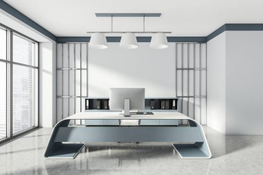 Şirketin ofis içi masası ve masaüstü bilgisayarı, klasörlü raf, beyaz koltuklar. 3B görüntüleme