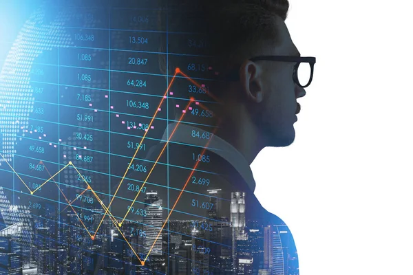 Office man in eyeglasses and suit, night city buildings lights and stock market changes with rising lines. Concept of financial analysis and trader in international company