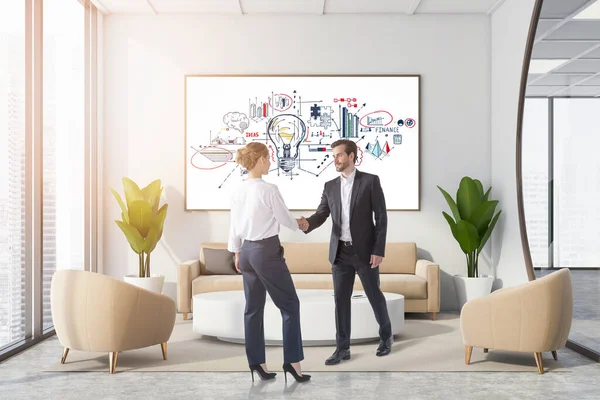 Businessman Businesswoman Shaking Hands Lightbulb Drawing White Board Financial Graphs — Stock Photo, Image