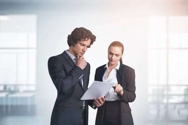 Two Business People Young Professionals Working Papers Modern Office Panoramic — Stock Photo, Image