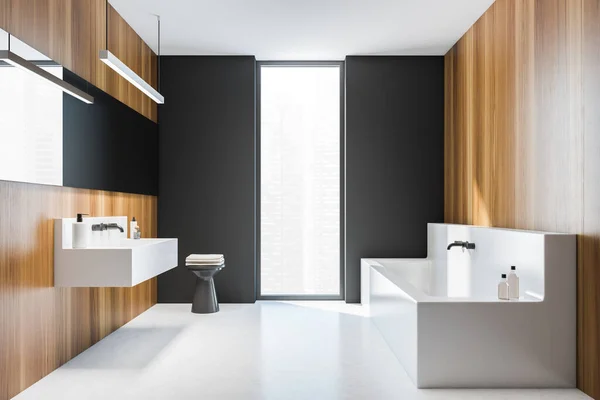 Dřevěná Stěna Kamenným Dřezem Zrcadlem Moderní Stylový Interiér Hotelové Koupelny — Stock fotografie