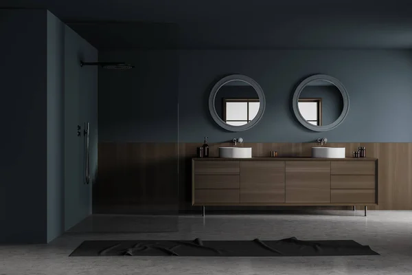 Interior Casa Banho Elegante Escuro Com Duas Pias Com Gaveta — Fotografia de Stock