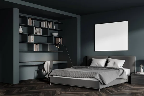 黑暗的卧室内部灰色的床 棕色的地板和工作场所与桌子 椅子和灯 侧视图 卧室的模拟复制空间框架 3D渲染 — 图库照片