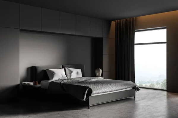 Dormitorio Gris Interior Con Cama Dormir Con Almohadas Ropa Cama —  Fotos de Stock