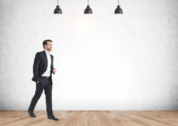 Office Man Black Business Suit Hand Pocket Parquet Manager Office — Stock Photo, Image