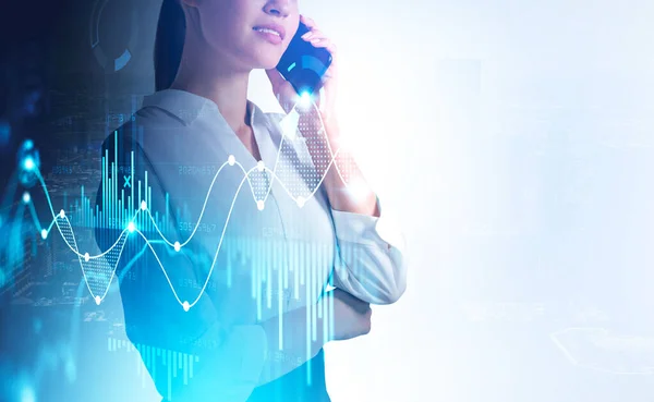 Attractive Businesswoman Pensive Using Phone Calling Data Stock Market Changes — Stock Photo, Image