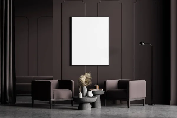 现代客厅内部有混凝土地板 桌子和扶手椅 家庭建筑概念 白墙上的海报帆布 把它弄坏了没有人 3D渲染 — 图库照片