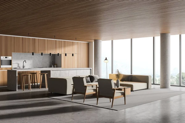 Modern Mutfağın Içinde Ahşap Tavan Mobilyalar Masa Sandalyeler Yaşam Alanının — Stok fotoğraf