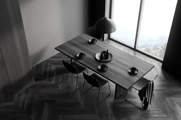 ダイニングテーブルと黒の椅子 グレーの木製の床 トップビューとグレーのキッチンルームのインテリア 田舎の景色を望む窓 ミニマリストの家具や料理 モックアップコピースペースの空白 3Dレンダリング — ストック写真