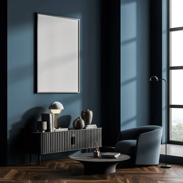 客厅内饰有黑色木制抽屉 配有书籍和装饰 餐室地板 靠窗的侧视图 蓝墙上的空白框架 3D渲染 — 图库照片