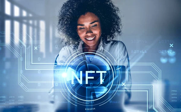 Attractive African American Businesswoman Working Laptop Non Fungible Token Hologram — Stock Photo, Image