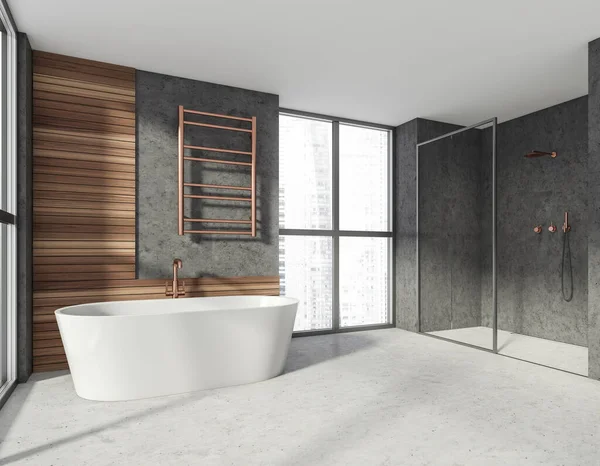 现代时尚的酒店浴室内部 有陶瓷浴缸 淋浴房 水泥地面 全景窗 城市景观 3D渲染 — 图库照片